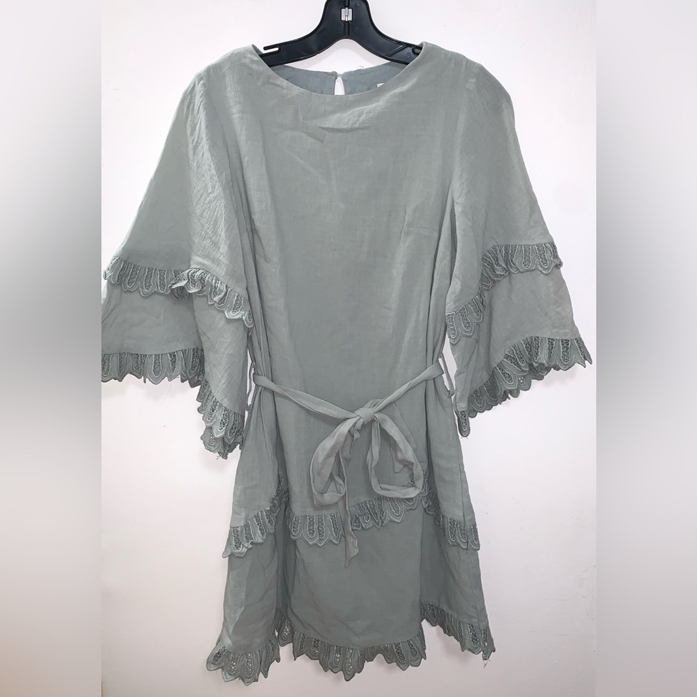 Indikah Sage Green Ruffle Hem Waist Tie Mini Dress Size Small